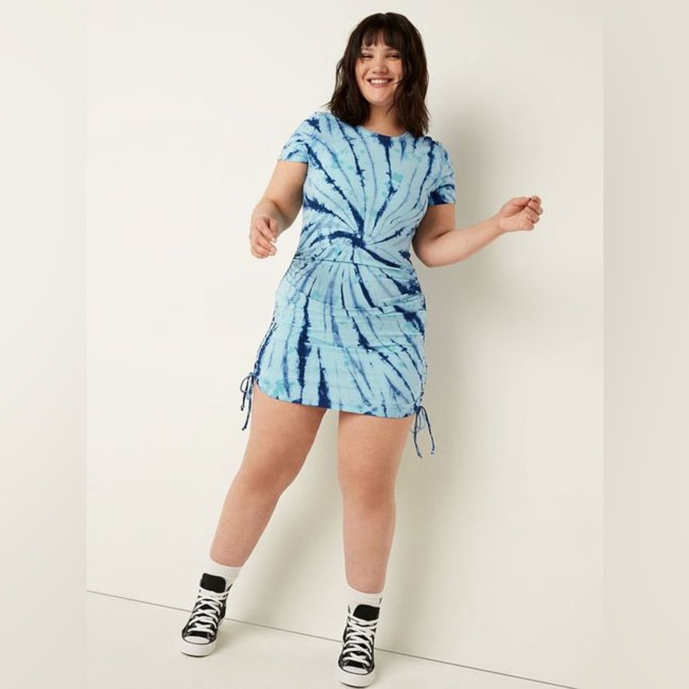 Victoria's Secret PINK Womens Tie Dye Print Ruched Side T-Shirt Dress Blue